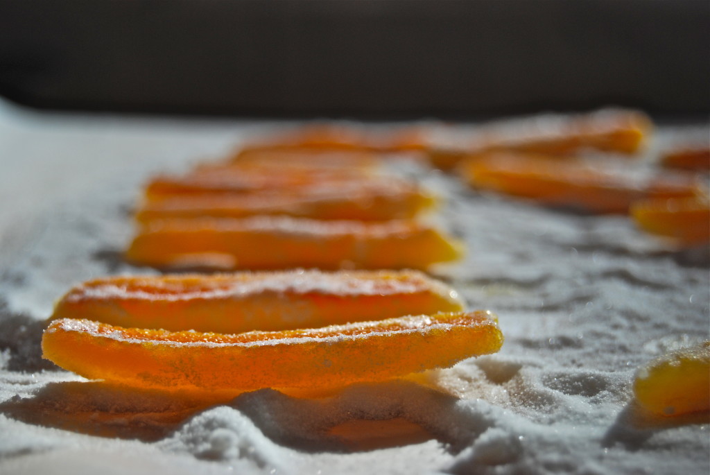 Strips of homemade orange peel sitting in sugar on a tray.