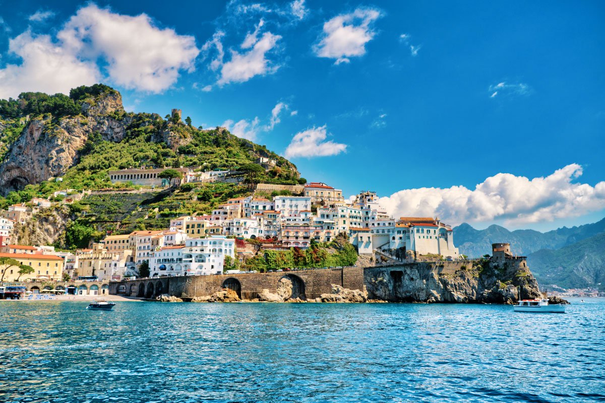 A town on the Amalfi Coast, seen from the sea.