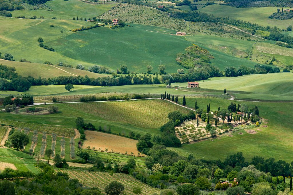 An aerial view of the Chianti region of Tuscany, Italy.