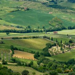 An aerial view of the Chianti region of Tuscany, Italy.