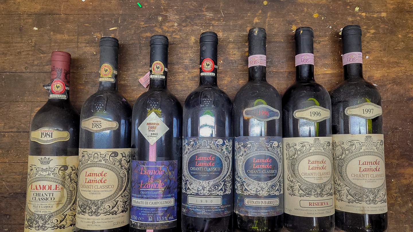 Bottles of vintage Chianti Classico by the producer Lamole di Lamole.